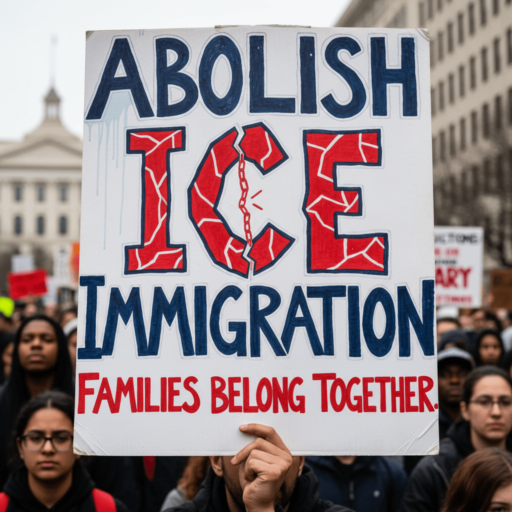 Protest sign reading 'Abolish ICE Immigration Families Belong Together' with a broken chain illustration